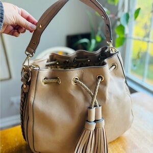 Melie Bianco Tan Vegan Leather Shoulder Bag with Tassels
